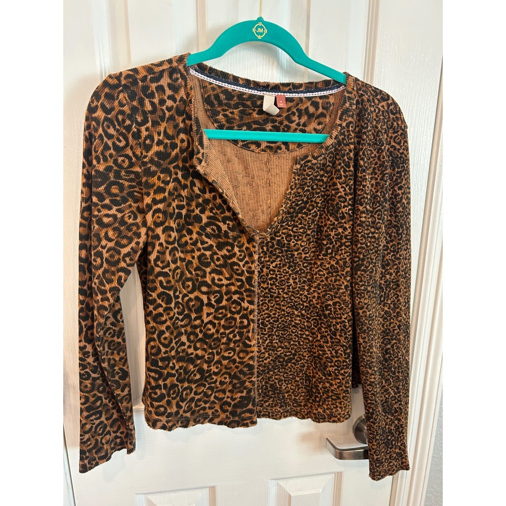 Pilcro Top Brown Mixed Leopard Print Waffle Knit Thermal V-Neck Long Sleeve
